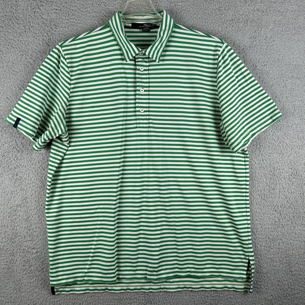 Ralph Lauren RLX Polo Shirt Mens XL Green White Striped Performance Golf Stretch